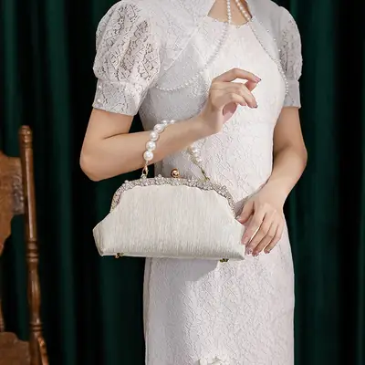 Antique Pearl Handbag with Metal Chain & Gold Plated Clutch