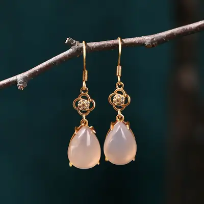 Natural Chalcedony Drop Earrings Ancient Gold Plated 39mm