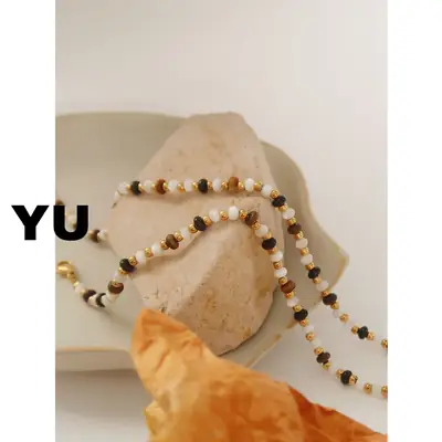 Yu Natural Stone Crystal Beaded Necklace Bracelet Titanium Steel Black White
