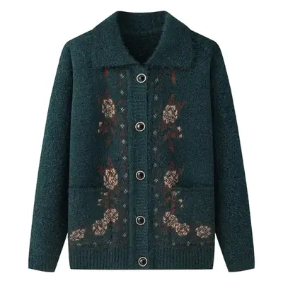 Red Knitted Lapel Cardigan for Elderly Women