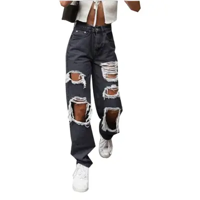 Ripped Denim Jeans for Women Straight Leg Loose Fit