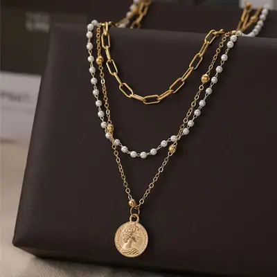 Gold Pearl Crossbody Necklace with Clavicle Pendant