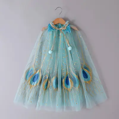 Blue Gauze Flashy Cape Dress for Girls