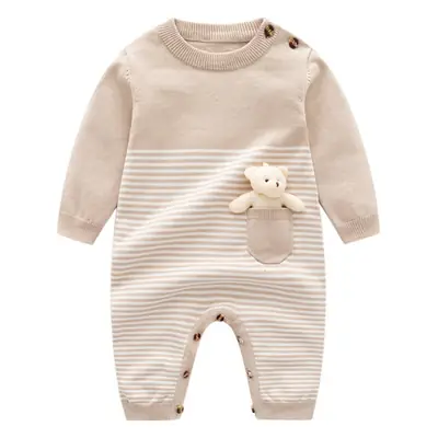 Baby Striped Knitted Jumpsuit with Bear Hoodie Set