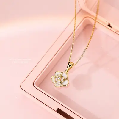 S925 Sterling Silver Camellia Glue Dropping Necklace Women's Light Luxury All-match Elegant Light Luxury Shell Bead Pendant Clavicle Chain for Hair