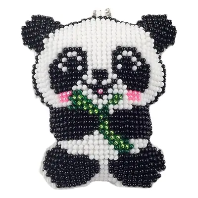 Beaded Panda Cross Stitch Keychain with Bamboo Design