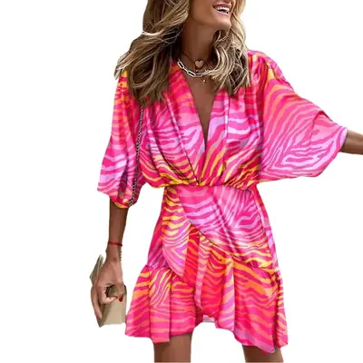 2025 Women's V-Neck Bat Sleeve Dress with Colorful Print
