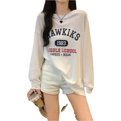 Women Cotton Neck Long Sleeve T-Shirt White Printed 2024