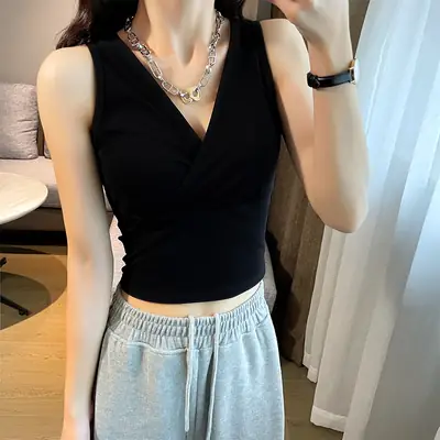 Black Cross V-Neck Camisole Women's Inner Wear Short Sleeveless Navel Exposed
