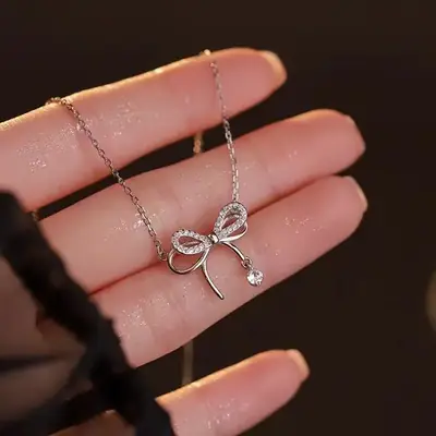 s925 Sterling Silver Light Luxury Niche High-end Design Sense Necklace Female Temperament Gentle Super Fairy All-match Bow Collarbone Chain
