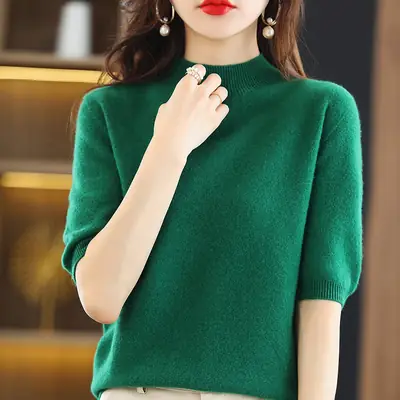 Women Blue Half Turtleneck Half Sleeve Sweater