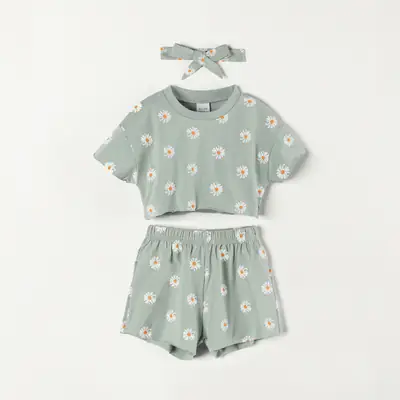 Daisy Print Bat Sleeve Suit for Girls Green