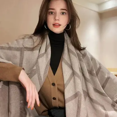 Nordic Geometric Cashmere Scarf Women Warm Tassel Shawl