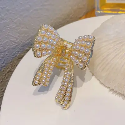 Pearl Bow Hair Clip for Women Small Size