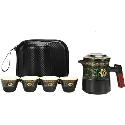 Black Ceramic Tea Set with 4 Cups for Travel