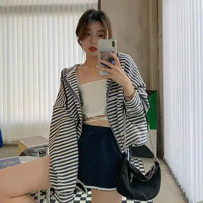 Women Striped Hoodie Zipper Cardigan Loose Fit