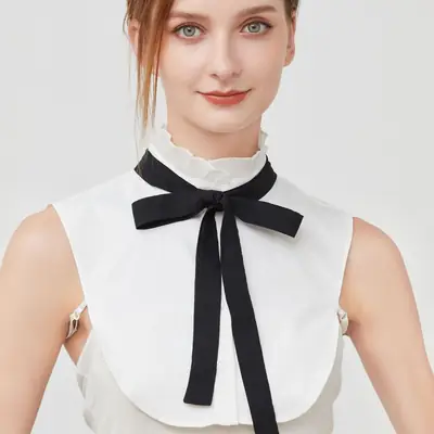 White Cotton Fake Collar Blouse with Black Bow