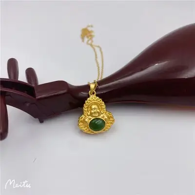 S925 Sterling Silver Buddha Necklace with Green Jade Pendant