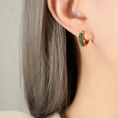 French Niche Metal Cold Wind Earrings Green Zircon Titanium Steel