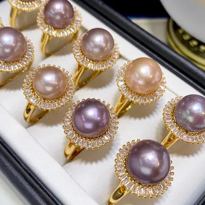 11mm Pink & Purple Pearl Rings for Women 18K Gold