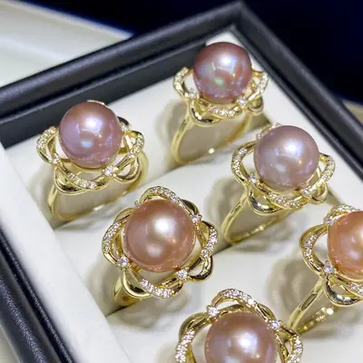 11mm Pink & Purple Pearl Rings for Women 18K Gold