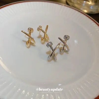 Real Gold Electroplated Zircon Cross X Earrings for Women