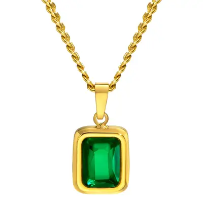 Gold Zircon Necklace Green Square Pendant Women