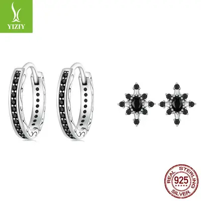 Black Zircon Star Stud Earrings Set 925 Sterling Silver