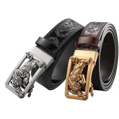 Men's Gold Tiger Carved Leather Belt with Buckle