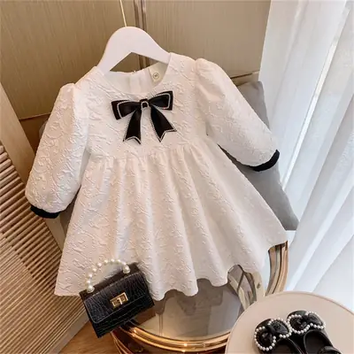 Girls' White Embossed Long-Sleeve Dress with Black Bow