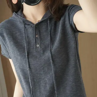Women Korean Style Hooded T-Shirt Brown Large