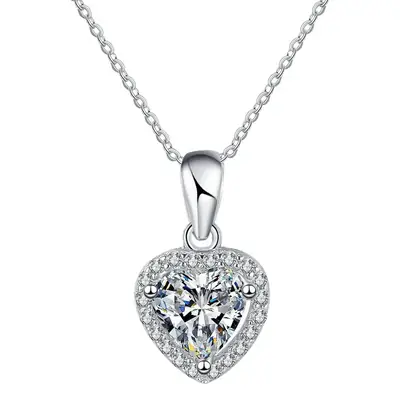 S925 Sterling Silver Pendant for Women, Heart-Shaped Moissanite Plated with Pt950, Studded with Diamonds, 1 Carat D Color Moissanite Necklace