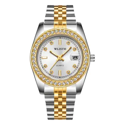 Men's Gold Steel Band Quartz Watch with Date Display