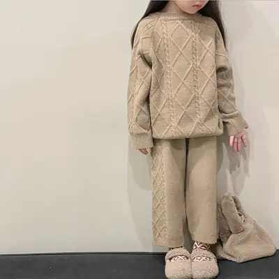 Korean Kids Vintage Twist Coat 2024 Knitted Pants Set