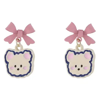 Pink Cartoon Bear Ear Earrings with Bow Design
