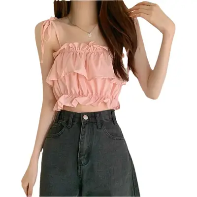 Women's Ruffled Sleeveless Top with High Waist Jeans