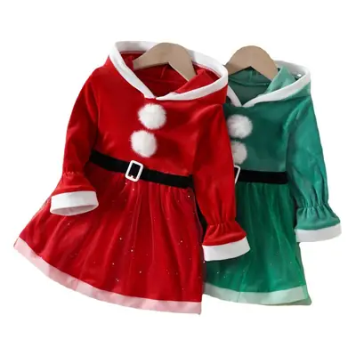 Christmas Hooded Dress for Girls Green Velvet Winter