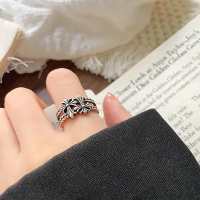 Lanzhi 925 Silver Ring Double Layered Cross Personalized Hip-Hop Jewelry Retro Cross-Border Ring Non-Fading Niche