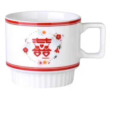 Wedding Couple Mug Set White Red Floral Design
