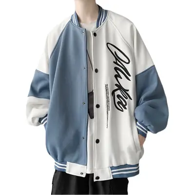 Men's Blue White Baseball Jacket with "Sense" Print