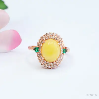 Guan Yu Yellow Amber Ring with Green Gemstone