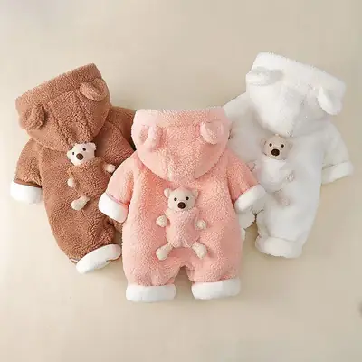 Newborn Baby Hooded Fleece Suit Brown Winter Warm