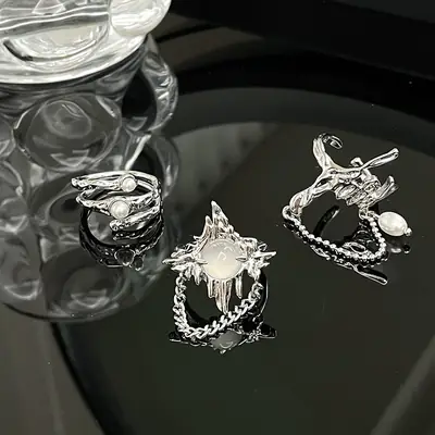 Moonstone Ring with Star Design Silver Plated