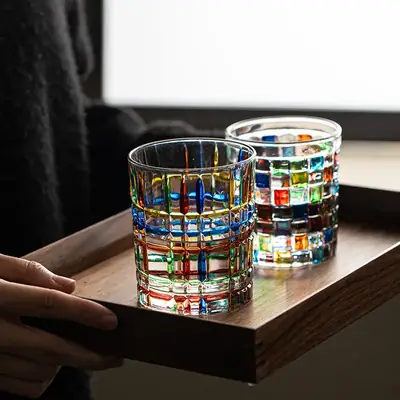 Transparent Line Whiskey Wine Glass with Colorful Painted Design