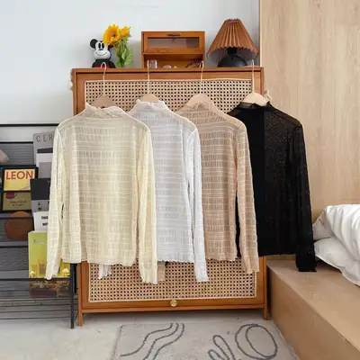 French Bubble Lace Shirt for Women Pure Color High Elastic Turtleneck