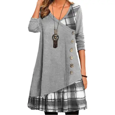 Women V-Neck Plaid Dress Autumn New Stitching Decorative Buckle