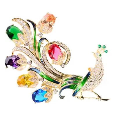 Peacock Zircon Brooch Women High-end Gold Blue Green