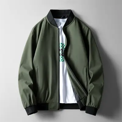 Men's Green Bomber Jacket Solid Collar Slim Fit