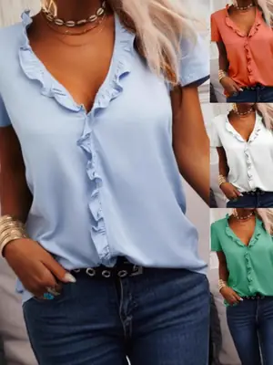 Green Ruffled Women's Top Short Sleeve Spring Summer