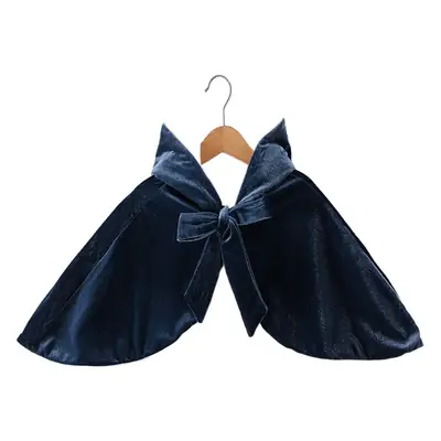 Girls' Blue Velvet Cape Dress with Pom Pom Trim